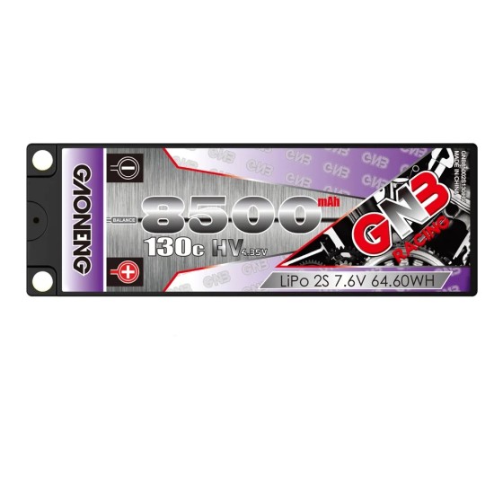 GNB GAONENG HV 8500MAH 2S 2S2P 7.6V 130C Hard Case 6.0mm Built-in Bullet RC LiPo Battery for 1:10 1/10 Scale RC Racing Car LiHV